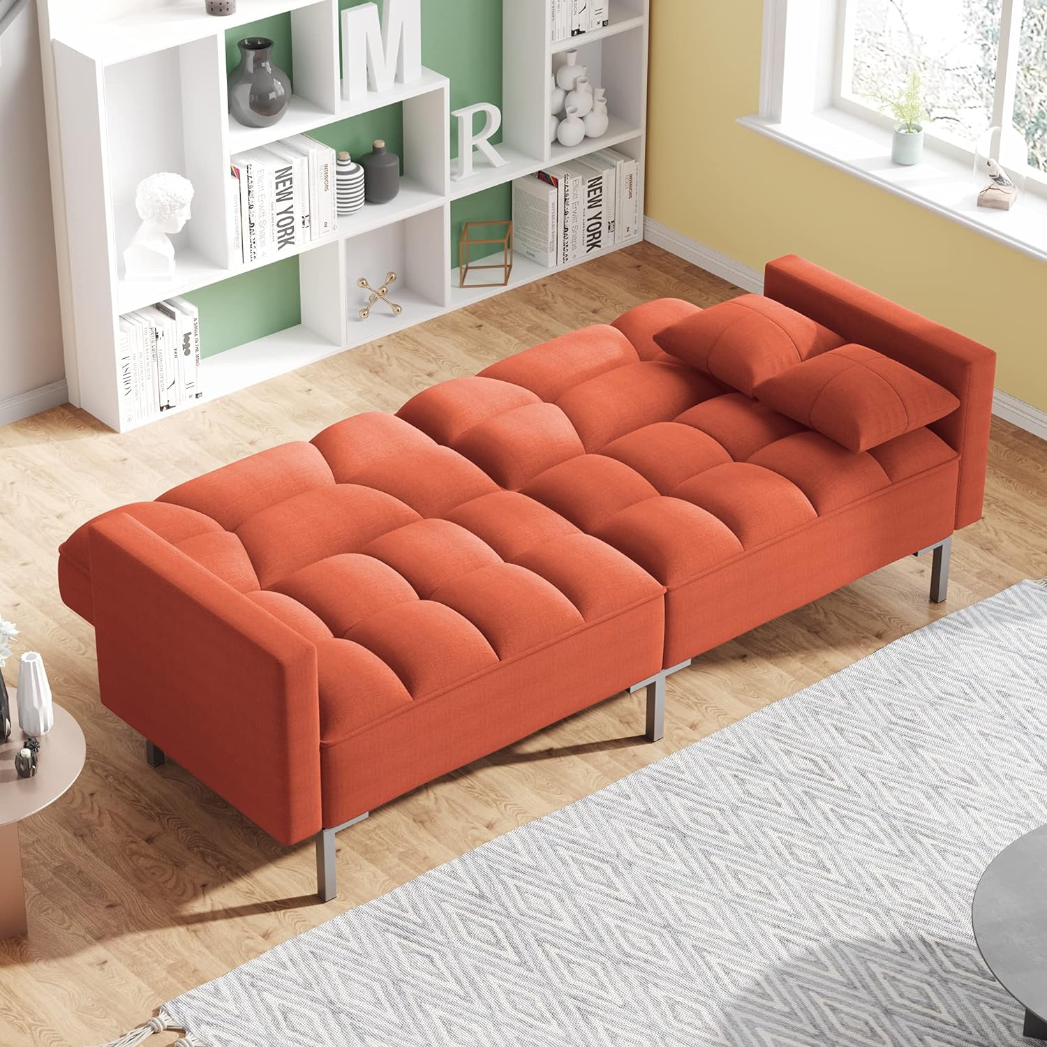 Modern Linen Fabric Convertible Upholstered Sofa Couch Bed with Adjustable Back for Living Room,Apartment,Office,Orange - primefoaminnovation 