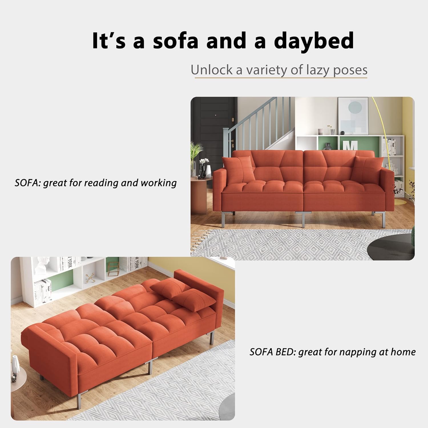 Modern Linen Fabric Convertible Upholstered Sofa Couch Bed with Adjustable Back for Living Room,Apartment,Office,Orange - primefoaminnovation 