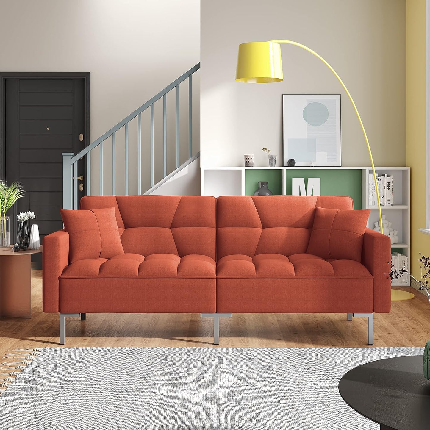 Modern Linen Fabric Convertible Upholstered Sofa Couch Bed with Adjustable Back for Living Room,Apartment,Office,Orange - primefoaminnovation 